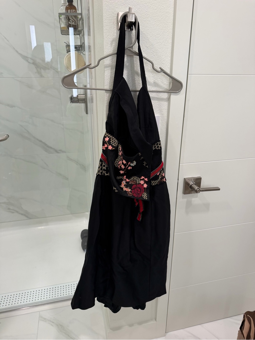 Karen Millen Black Halter Dress with Red and Pink Embroidery